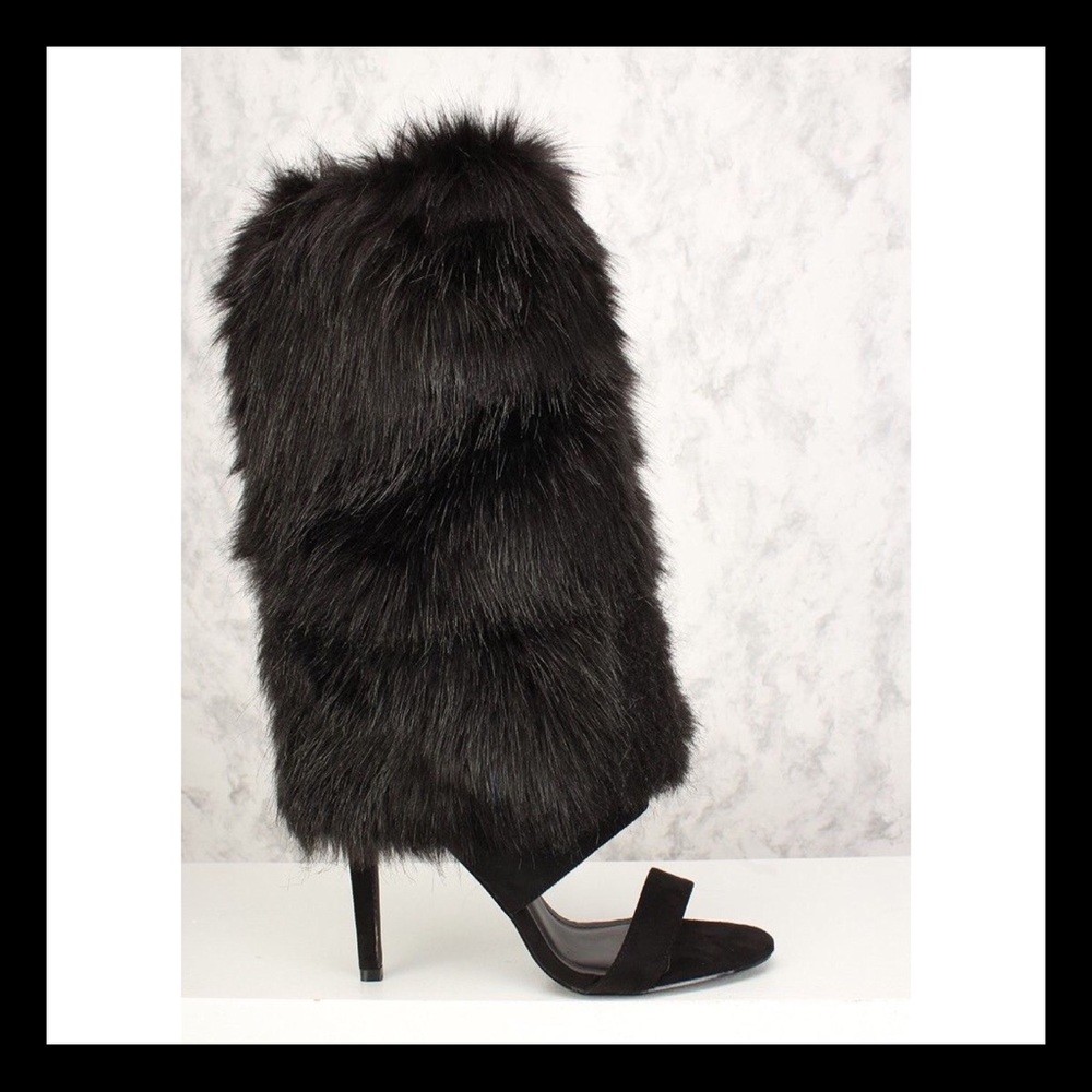 CAPE ROBBIN Black Open Toe Faux Fur Mid Calf Boot. - Picture 5 of 6